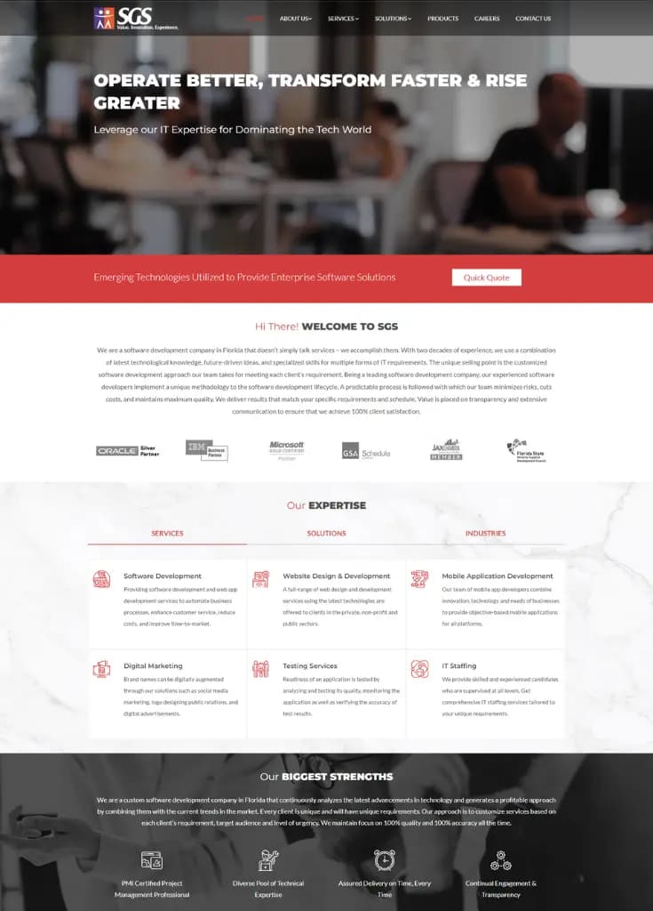 Homepage of a software development company, with a quick quote call to action