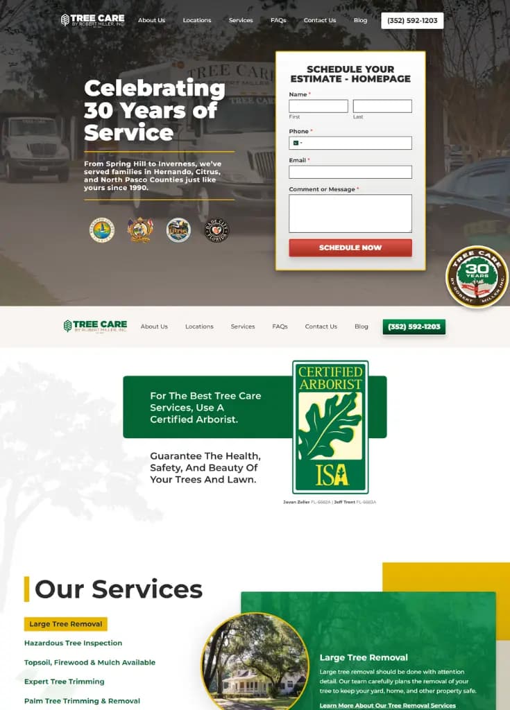 Homepage of a tree care company, with an estimate request form in the hero